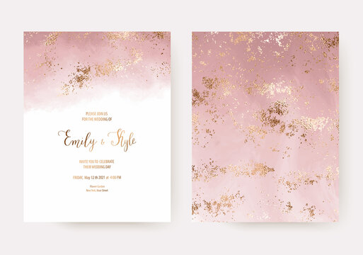 Elegant pink watercolor wedding invitation cards with gold splatter texture.