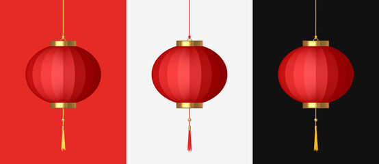 Red hanging lantern. Traditional Asian decor. Decorations for the Chinese New Year. Festival of Chinese Lanterns. Isolation on red, white, black. For postcards, banners, websites © Ayvengo