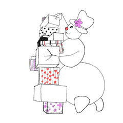 Snowman Frosty holding a lot of Christmas gifts Isolated