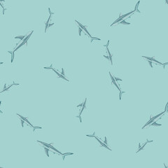 Seamless pattern Blue shark on pastel turquoise background. Texture of marine fish for any purpose.