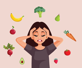 Confused Woman Thinking about Diet Vector Cartoon Illustration