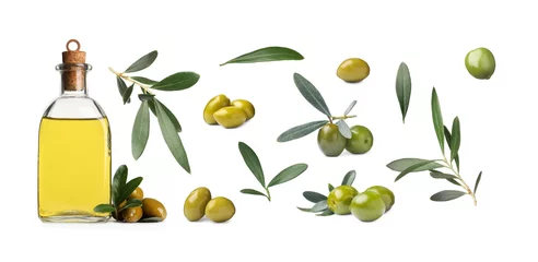 Fotobehang Bottle of oil, ripe olives and leaves on white background, collage. Banner design © New Africa