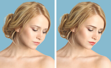 Beautiful young woman before and after permanent makeup on light blue background, collage