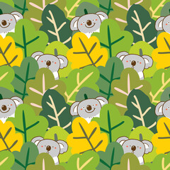Seamless Pattern of Cartoon Koala Bear and Leaf Illustration Design