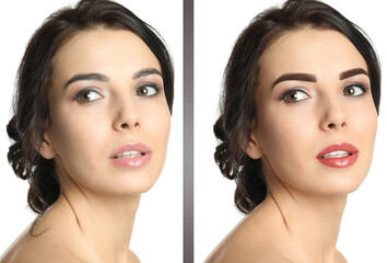 Beautiful young woman before and after permanent makeup on white background, collage - obrazy, fototapety, plakaty