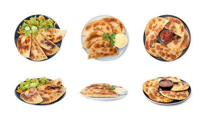Set with delicious fried chebureki on white background