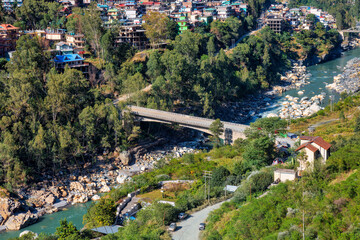 Aerial view of river Satluj with bridge and Sarahan hill station at Himachal Pradesh, India