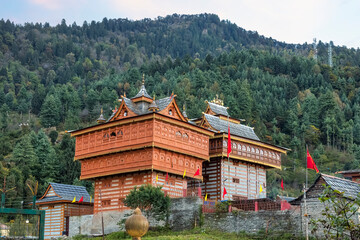 Ancient Bhima Kali Hindu temple with mountain landscape at Sarahan, Himachal Pradesh, India