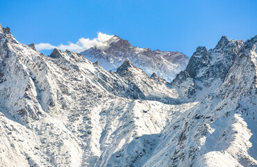Himalaya mountain landscape also known as the Kinnaur Kailash range as viewed on trek to Kaza Himachal Pradesh, India