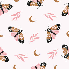 Vector seamless pattern - celestial butterfly. Mystical insect luna moth, floral, moon on pink background. Design for magic print, fabric, wallpaper, textile, magical decor.