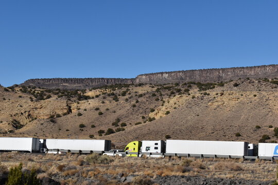 McCartys, New Mexico, USA - November 21, 2021: Accident on I-40 near Grants, New Mexico has westbound traffic on I-40 at a standstill