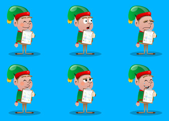 Christmas Elf shows finance report. Vector cartoon character illustration of Santa Claus's little worker, helper.