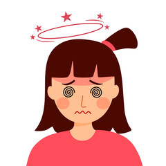 Girl child having dizzy symptom in flat design. Kids feeling vertigo or fainting. Dizziness illness.