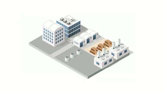 Isometric 3D city urban factory which includes building motion, animation