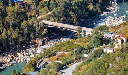 River Satluj with bridge in aerial view and Sarahan hill station at Himachal Pradesh, India