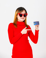 Portrait studio shot Asian urban rich wealthy success female businesswoman model in red dress and...
