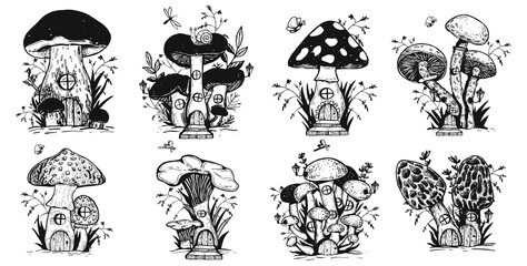Naklejka premium mushroom house drawing. fantastic mushrooms with windows and doors. coloring. vector. eps 