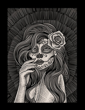 Illustration Sugar Lady Skull With Engraving Style