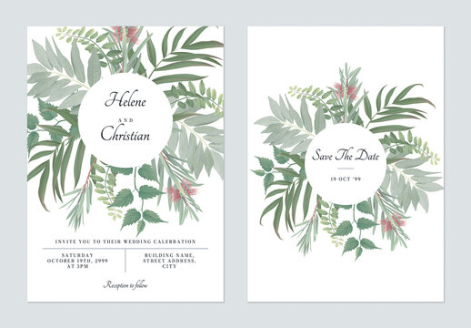 Foliage wedding invitation card template design, various green leaves on white