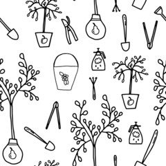 Vector seamless pattern with garden tools. Hand drawn vector illustration.
