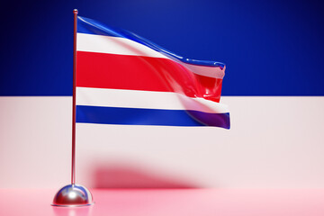 3D illustration of the national flag of Costa Rica on a metal flagpole fluttering .Country symbol.