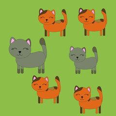 Naklejka premium Cute animals cats happy family, with father and children, daugthers and son on green isolated background, vector illustration.