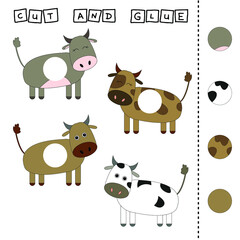 worksheet vector design, the task is to cut and glue a piece on colorful  cows. Logic game for children.