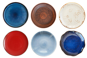 clean empty handmade ceramic plate isolated on white background, food dishes for cut out and design, copy space and mock up template