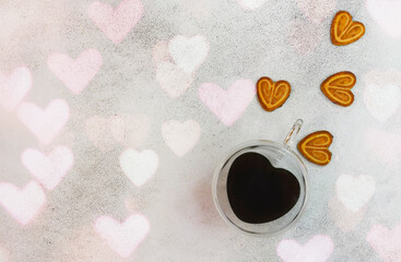 valentines day background with copy space text, festive holiday flat lay with cup coffee drink in glass material top view shape heart, love breakfast concept