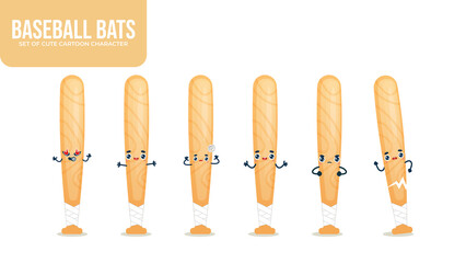 Set of cute baseball bats cartoon character with different poses baseball equipment