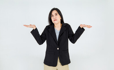 Serious Asian adult woman on business jacket as entrepreneur raise hands to say nothing matter and not care for anything that unconcerned and impassive - obrazy, fototapety, plakaty