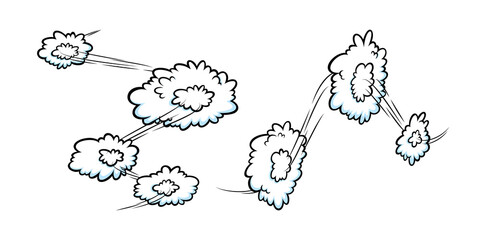Comic speed effect with clouds. Comic clouds with motion trail lines. Vector illustration isolated in white background