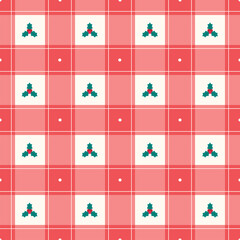 Cute Minimal Merry Christmas Mistletoe Red Checkered Gingham Pattern Editable Stroke. Cartoon Illustration, Mat, Fabric, Textile, Scarf, Wrapping Paper. 