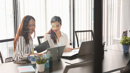 Two asian young businesswomen working and planning project together