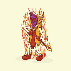 Illustration of hot dog character in ninja style smoldering with a sword he is holding, for sticker, poster and art purposes © STOCKIO DESIGN CO