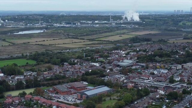English industry urban landscape overlooking motorway and power station aerial view rising