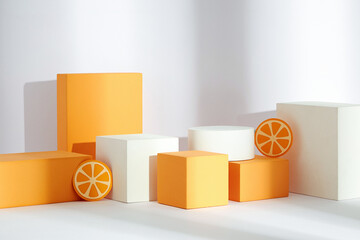 Front view of white and orange podium with and flower in a white background for advertising ,...