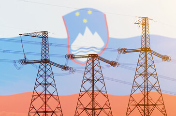 Double exposure - power line, tower and flag Slovenia