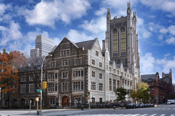 North Manhattan skyline, with the gothic building and tower of the Union Theological Seminary - 470773588