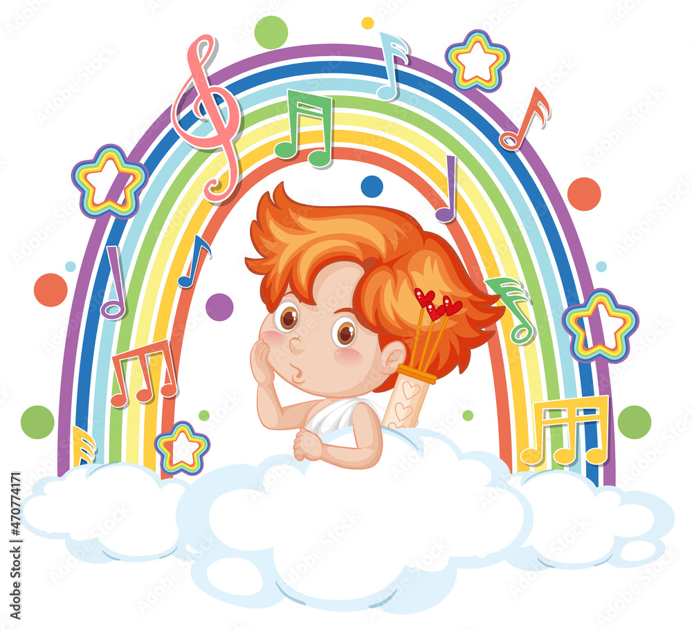 Canvas Prints Cupid boy on the cloud with melody symbols on rainbow