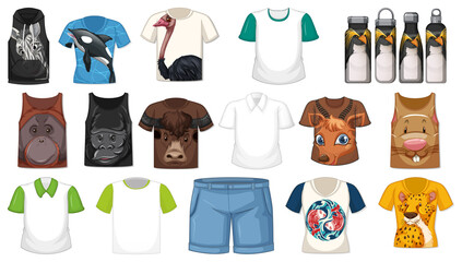 Set of different shirts and accessories with animal patterns