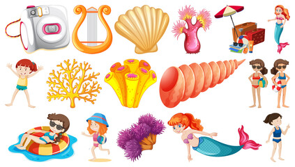Set of summer beach objects and cartoon characters