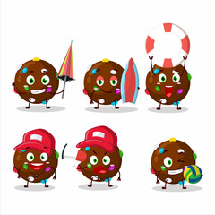 Happy Face chocolate candy cartoon character playing on a beach