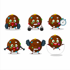 A healthy chocolate candy cartoon style trying some tools on Fitness center