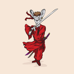 Illustration of gray rat in japanese samurai suit with two swords