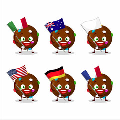 Chocolate candy cartoon character bring the flags of various countries