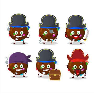 Cartoon character of chocolate candy with various pirates emoticons