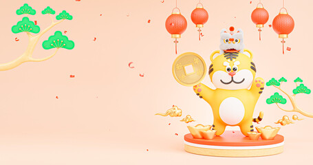 tiger cartoon character with Chinese New Year concept decoration.