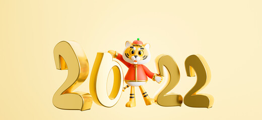 2022 chinese new year floating with tiger on yellow background