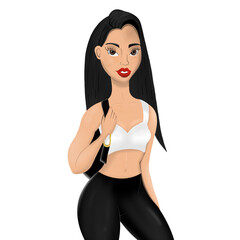 beautiful brunette in black leggings and white top, illustration.